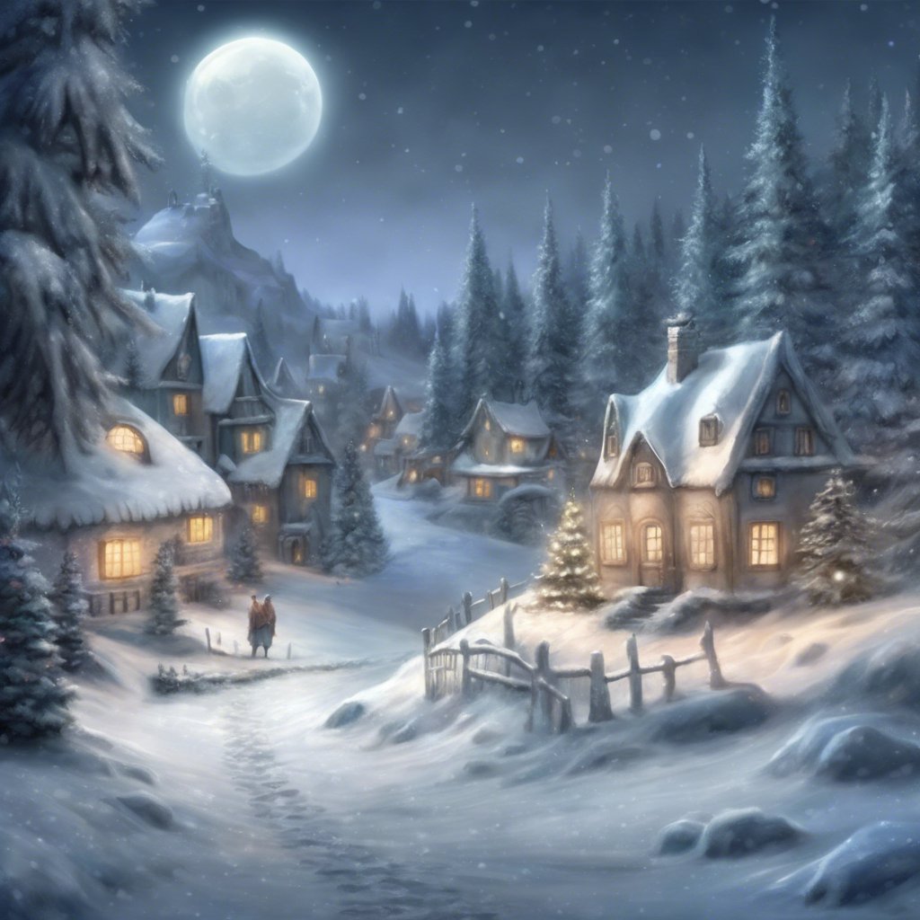 A painting of a winter village with a full moon, surrounded by an enchanted Christmas tree.