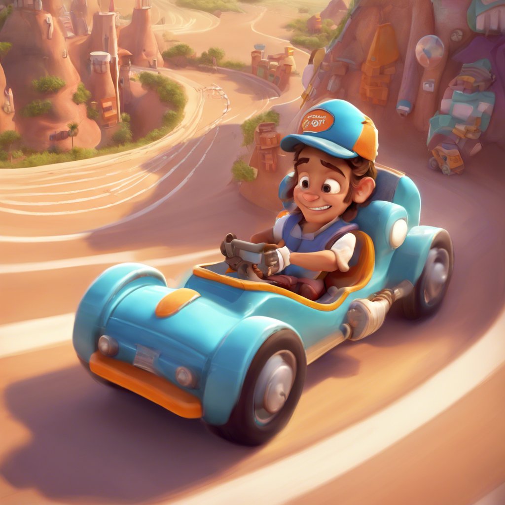 Amir's Lightning Lap - An image of a boy driving a blue car through Zoomtown.