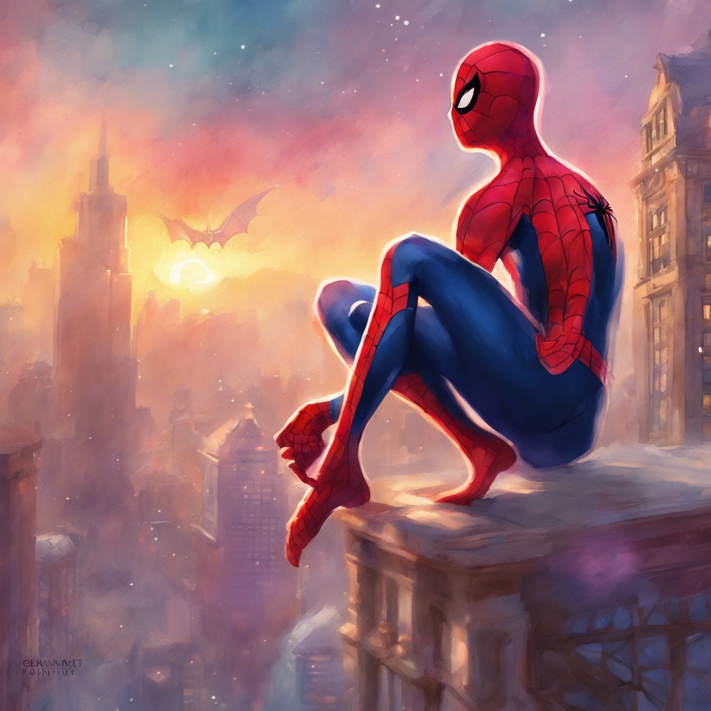 A mysterious painting of Spider-Man sitting on a ledge overlooking a city.