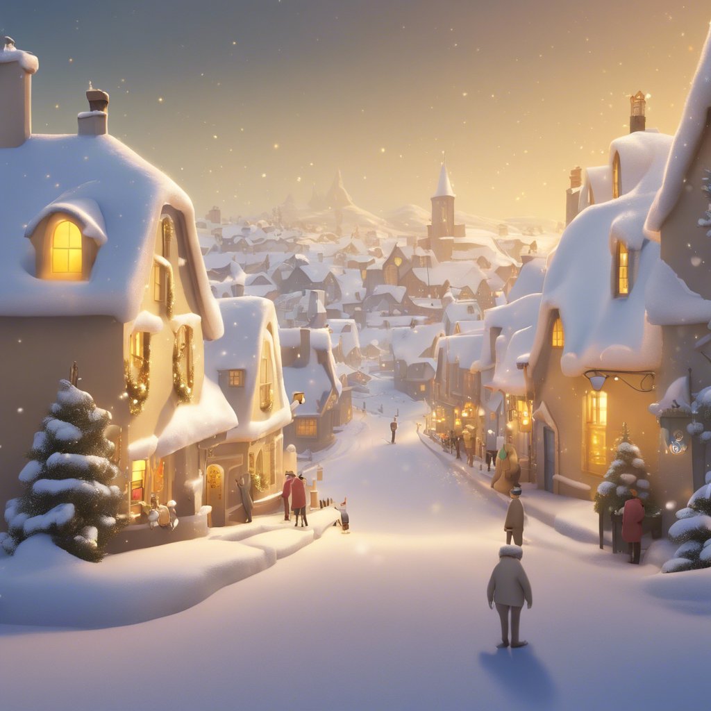 A snowy town with people walking down the street, experiencing a mirthful winter adventure.