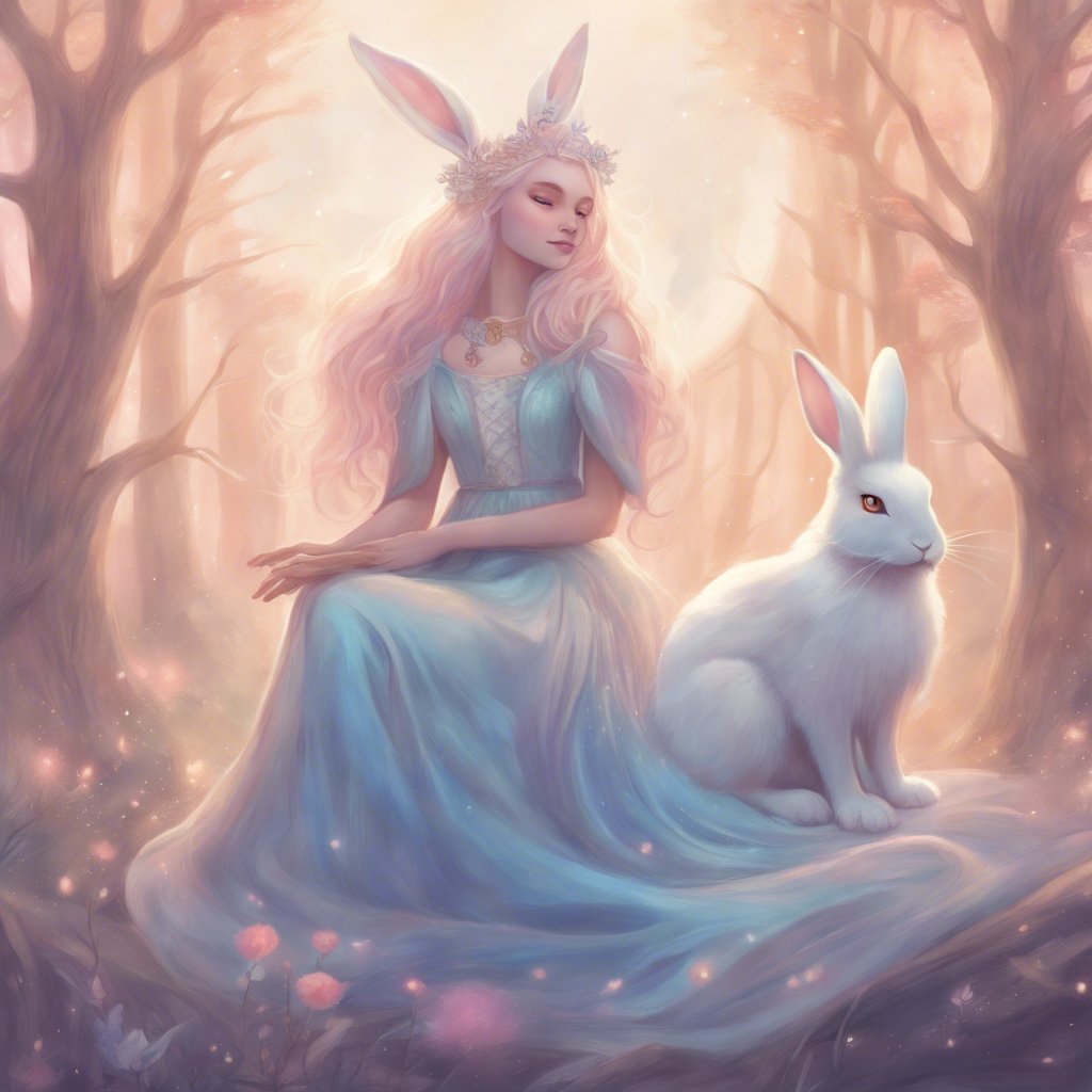 Miriam, a girl in a blue dress, and a white rabbit sitting in the See-All Forest.