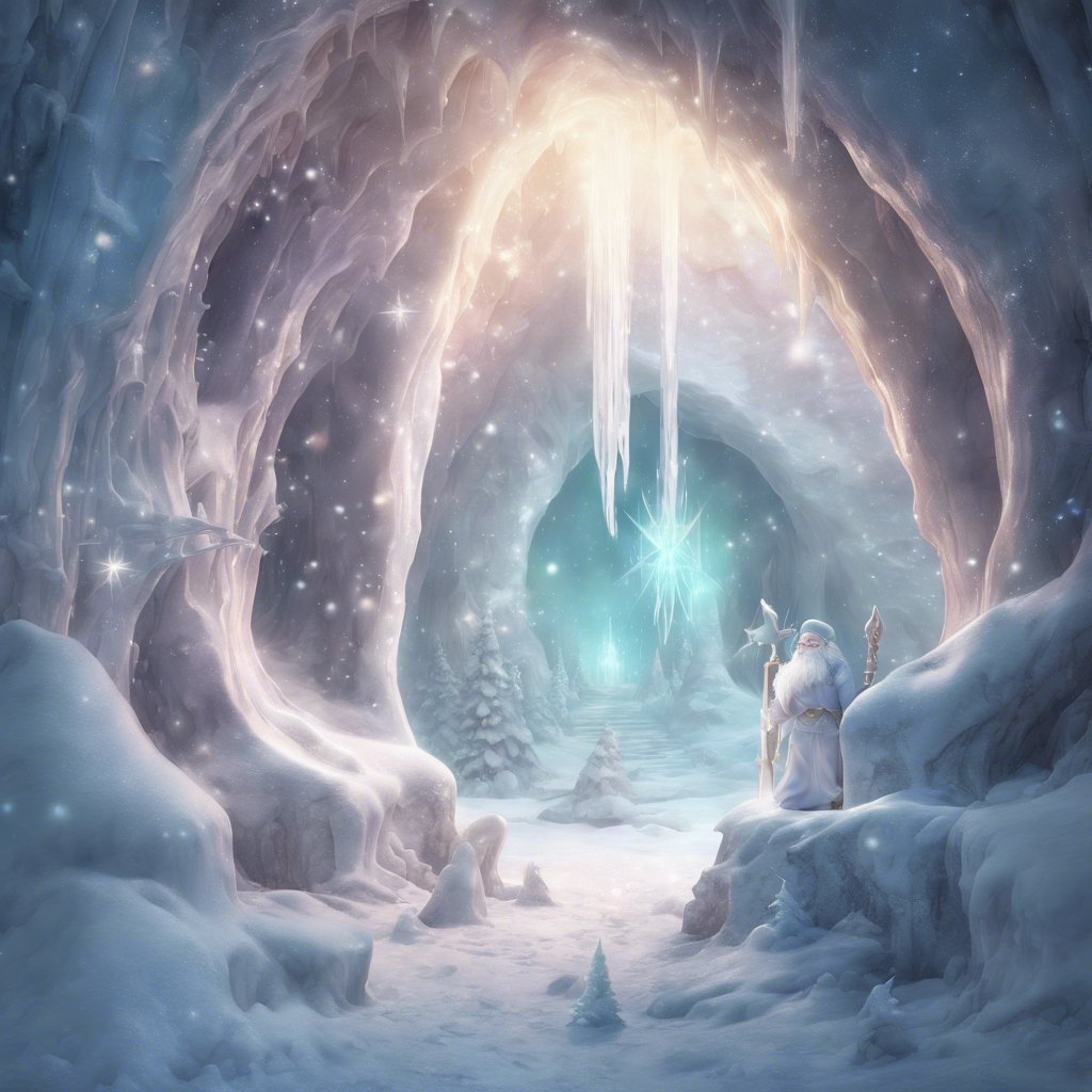 A snowy cave with a gnome standing in front of it, waiting for adventurers embarking on the Christmas Quest.