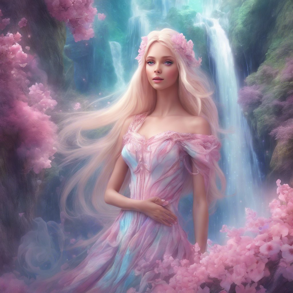 A girl in a pink dress standing in front of a waterfall, embarking on a Blossom's Barbieworld Bonanza.