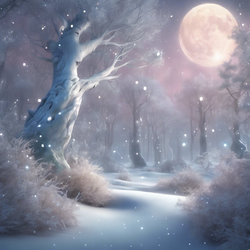 Enchanted Frost Forest: Explore the mystical allure of a frosty forest adorned with enchanting trees, beneath the watchful gaze of a full moon.