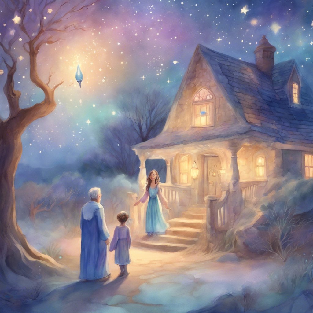 A painting of two children standing in front of a house with a star in the sky, capturing the essence of Naomi's Hanukkah Heritage.