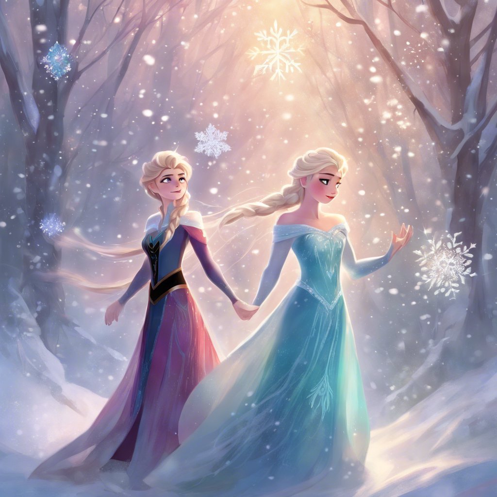 Elsa and Anna, the two frozen princesses from Frozen Holiday Quest, gracefully walk through the snow.