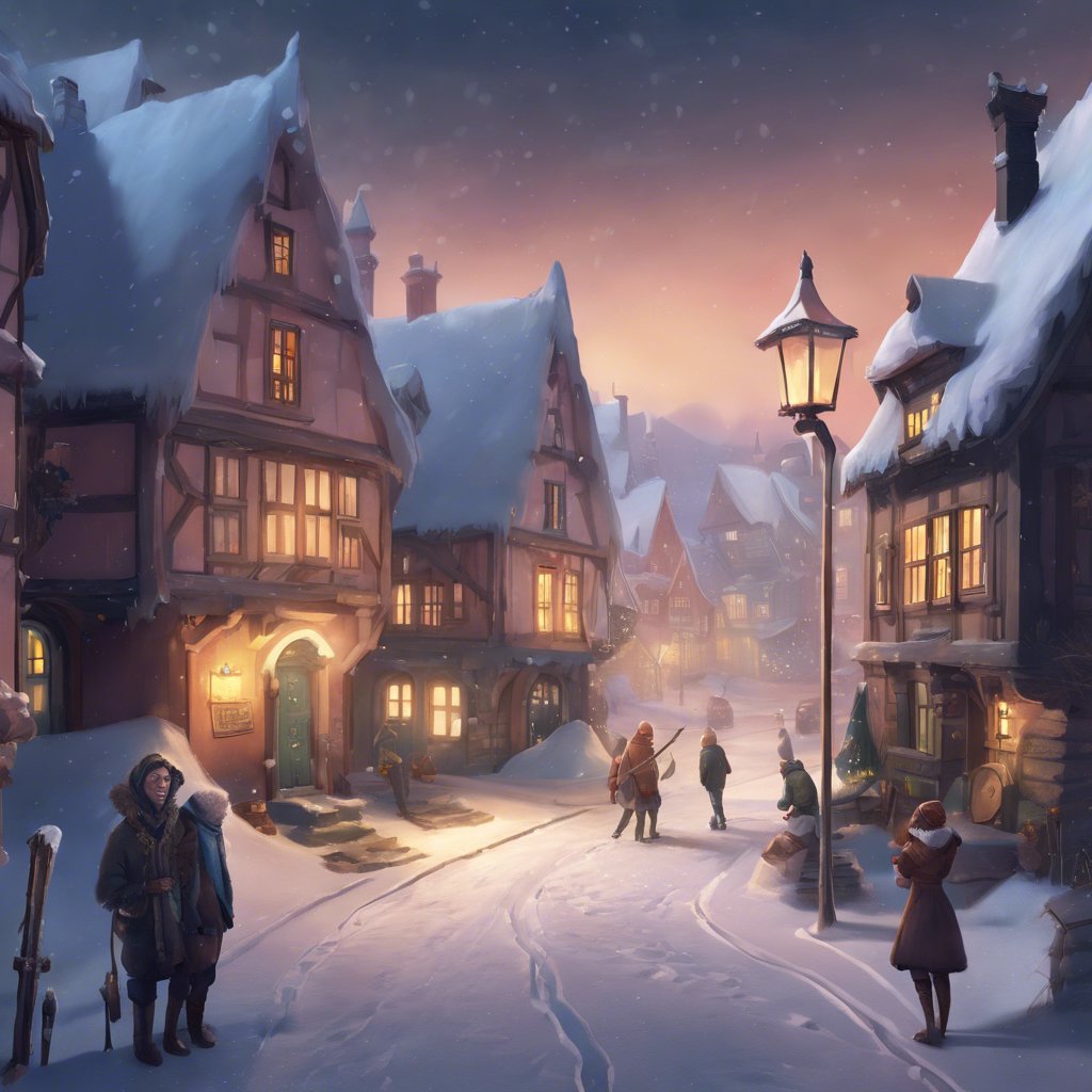 A picture of a snowy town with people walking around, capturing the Joyous Juncture of Jesper's Journey.