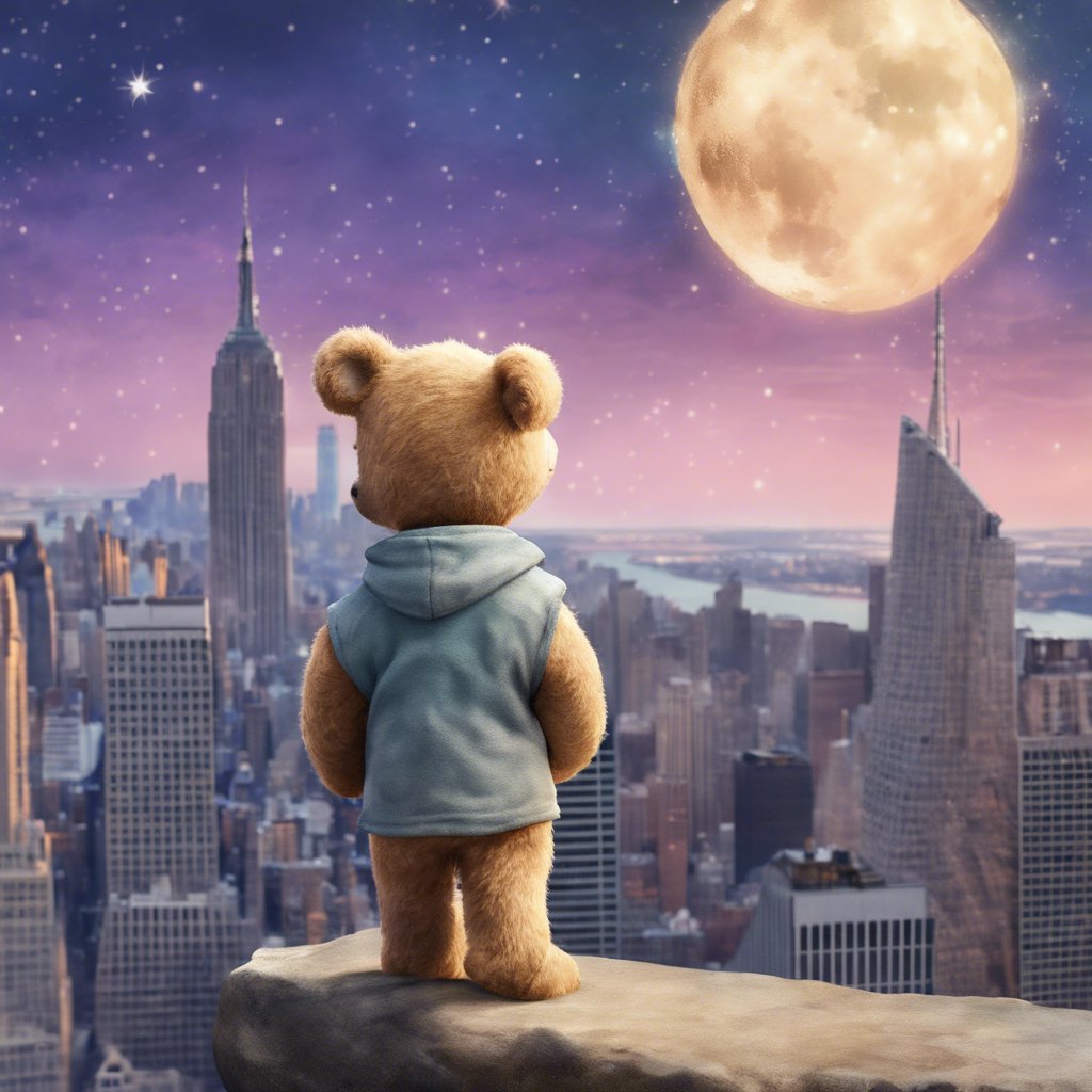 A Teddy bear is standing on a ledge, gazing at the moon.