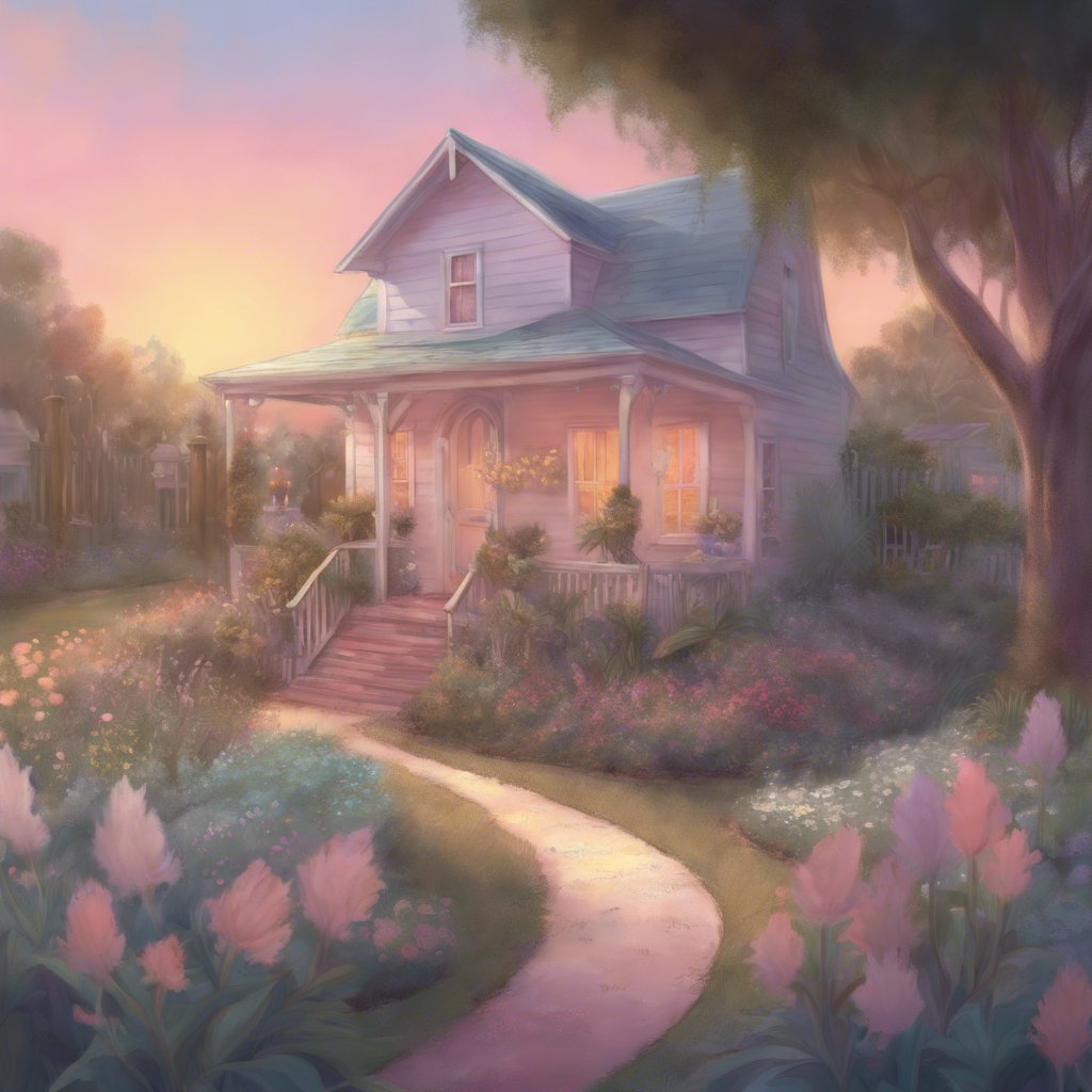 A whimsical painting of a house with flowers and a path.