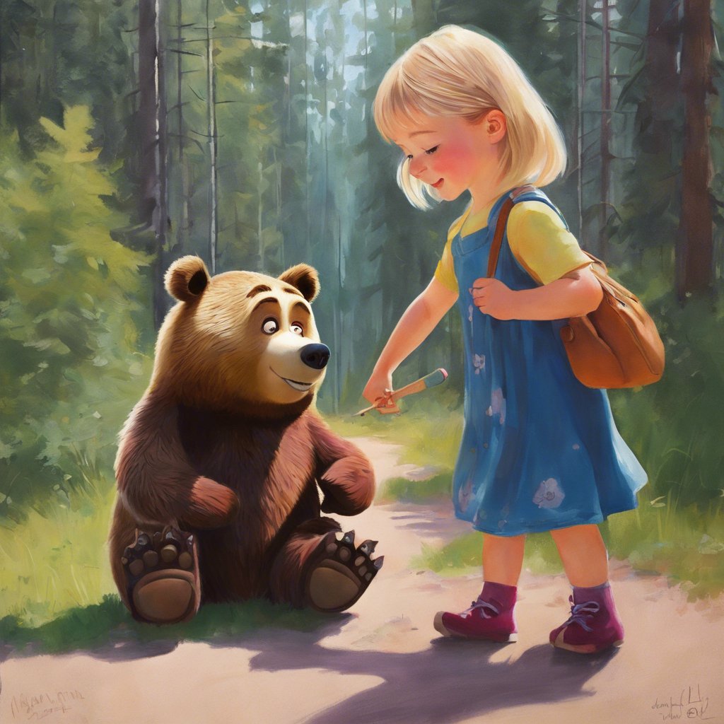 A painting of a little girl and a bear in Linda's Enchanted Forest.