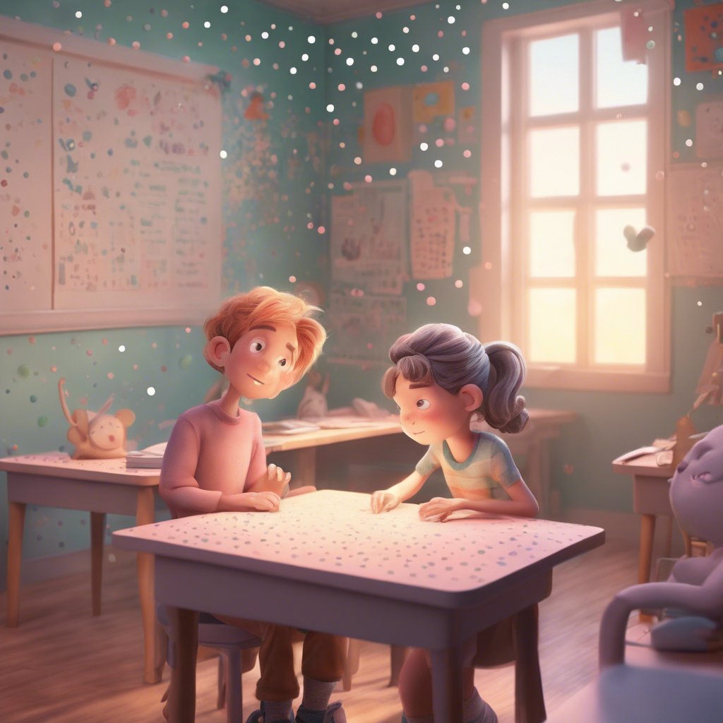 In a classroom, two students - a boy and girl, engage in an intriguing conversation using the Secret Language of Dots. This fascinating exchange is an integral part of Danny's Discovery.