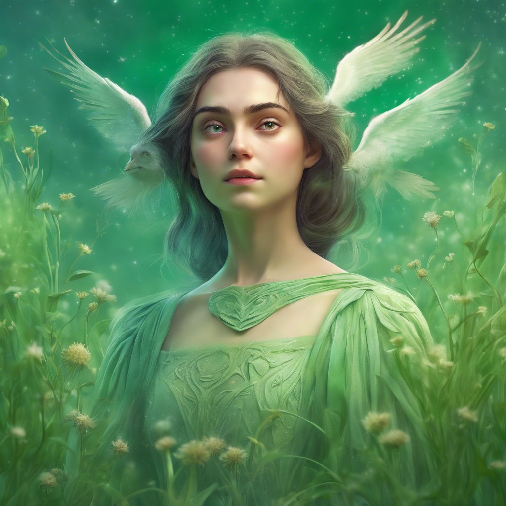 A painting of a woman in green, embodying the guardian spirit of the Whispering Woods, surrounded by white doves.