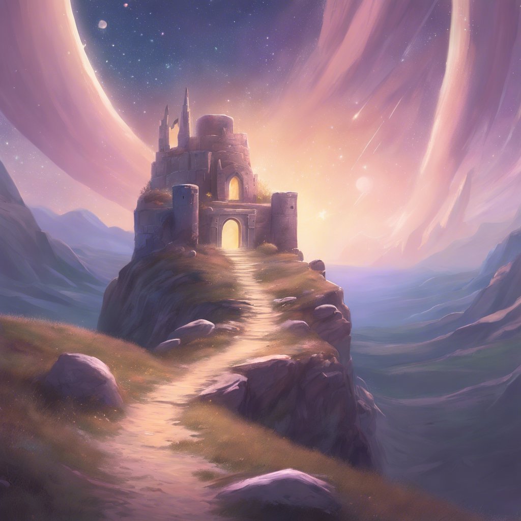 A Cosmic Conundrum painted by Daniel Archer, featuring a castle atop a majestic mountain.